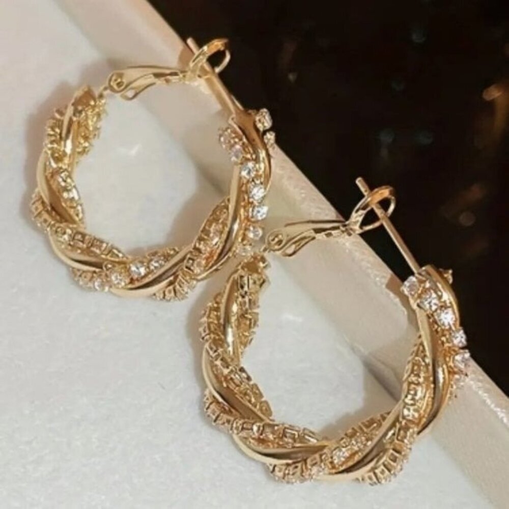 18k Gold Plated Twisted Design Diamond Hoop Earrings